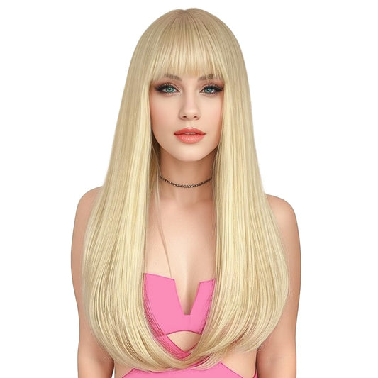 Blonde Wig with Bangs, Long Straight Wigs for Women Natural Hair Wigs Synthetic Blonde Wigs for Girls Daily Party Halloween Cosplay Wig 22 Inch