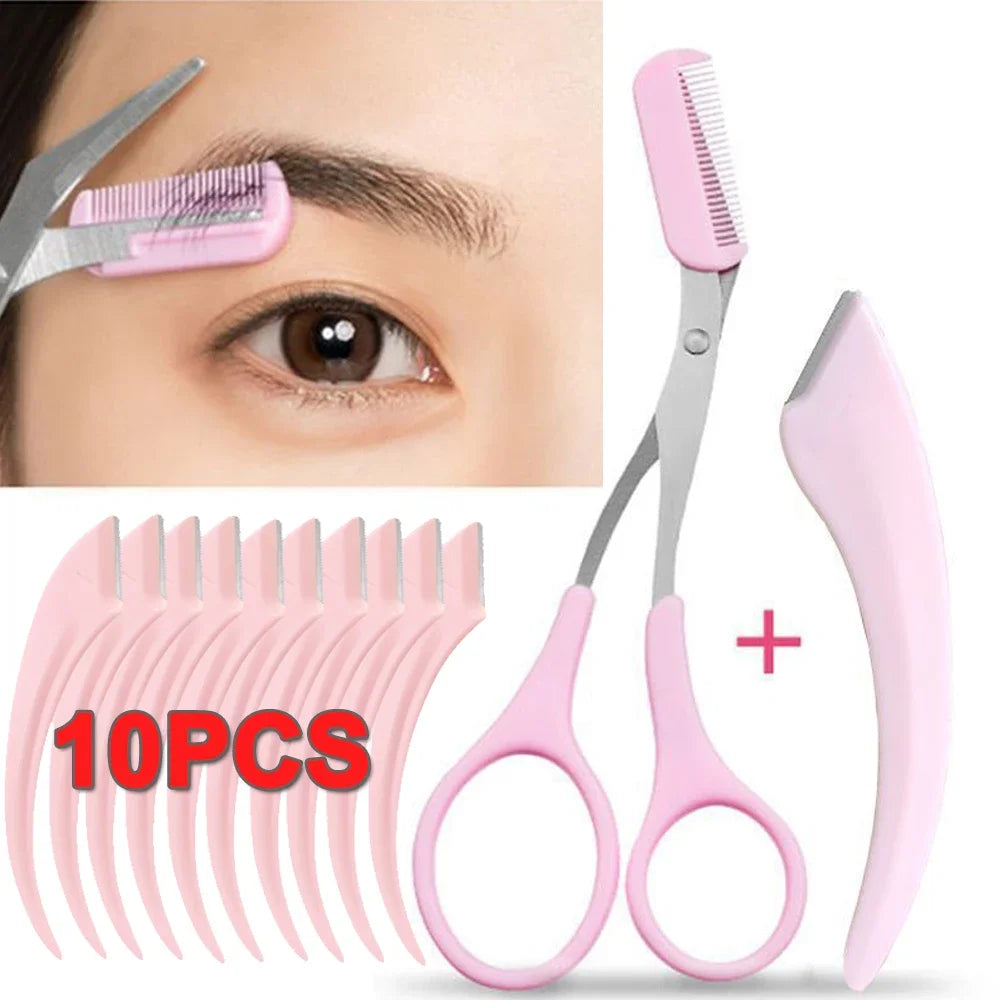 1-10pcs Meniscus Eyebrow Blade Set Women Eyebrow Scissors with Comb Stainless Steel Makeup Tools Mini Blade Brow Trimmer Scraper