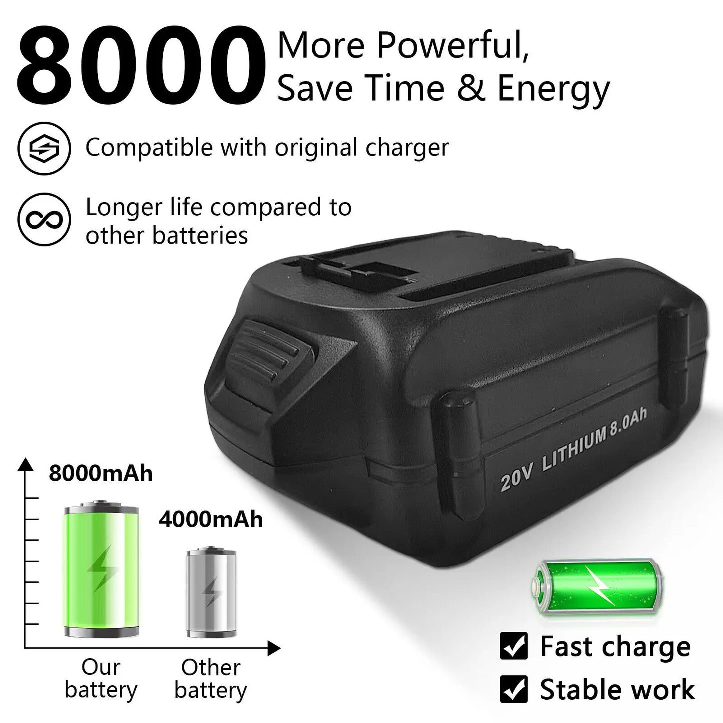 PC 100% Brand-new 20V 8000mAh For WORX WA3016 WU279 WU294 WU362 WU388 WU629 WU808 Power Tool Battery