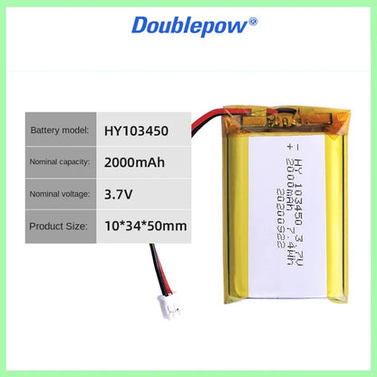 PC 103450 3.7V 2000mAh Polymer Lithium Rechargeable Battery jst PH 2.0mm 2pin plug  Camera GPS navigator MP5 Bluetooth Headset