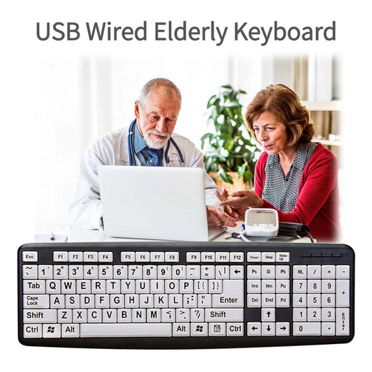 PC107 Key USB Wired Big Print White Key Black Letter Keyboard  Elder Old Pe