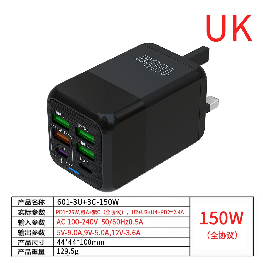 PC 150W 6 Ports Pd QC 4.0 Usb C Fast Charger Wall Adapter Super Fast Charging For Iphone Samsung Ipad Xiaomi Huawei Oneplus Oppo