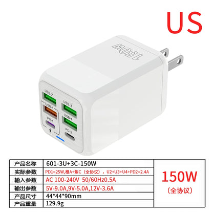 PC 150W 6 Ports Pd QC 4.0 Usb C Fast Charger Wall Adapter Super Fast Charging For Iphone Samsung Ipad Xiaomi Huawei Oneplus Oppo