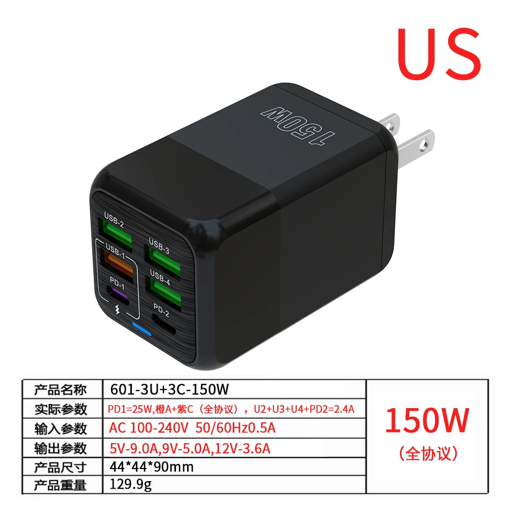 PC 150W 6 Ports Pd QC 4.0 Usb C Fast Charger Wall Adapter Super Fast Charging For Iphone Samsung Ipad Xiaomi Huawei Oneplus Oppo