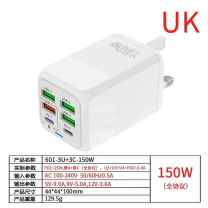 PC 150W 6 Ports Pd QC 4.0 Usb C Fast Charger Wall Adapter Super Fast Charging For Iphone Samsung Ipad Xiaomi Huawei Oneplus Oppo