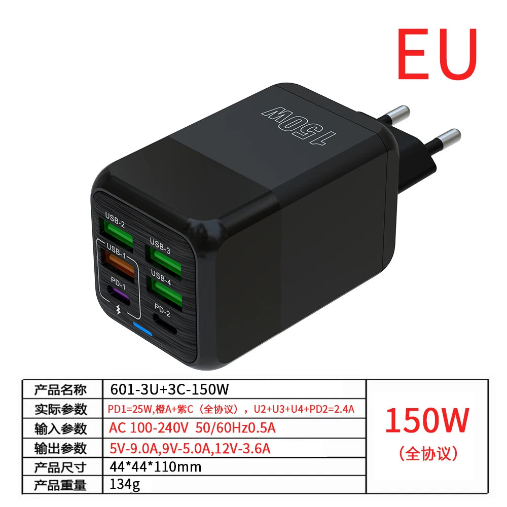 PC 150W 6 Ports Pd QC 4.0 Usb C Fast Charger Wall Adapter Super Fast Charging For Iphone Samsung Ipad Xiaomi Huawei Oneplus Oppo