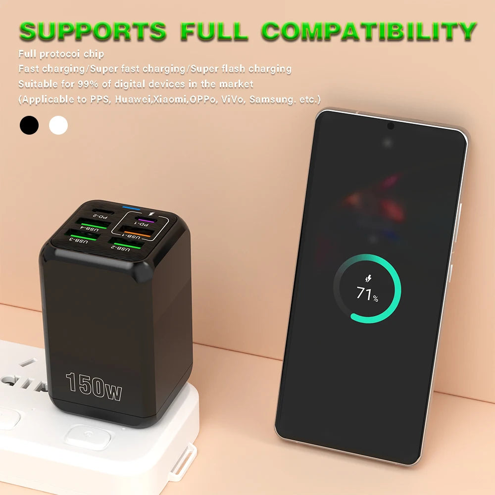 PC 150W 6 Ports Pd QC 4.0 Usb C Fast Charger Wall Adapter Super Fast Charging For Iphone Samsung Ipad Xiaomi Huawei Oneplus Oppo