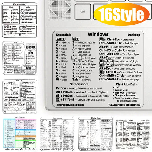 16 Style Computer Reference Keyboard Shortcut Sticker for PC Laptop Desktop for Apple Macbook Chromebook Windows Photoshop