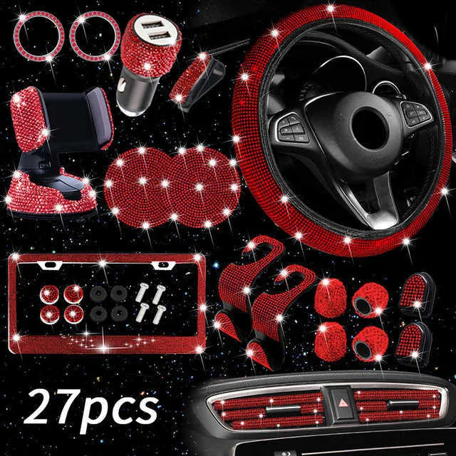 New New 27Pcs Bling Car Accessories Set for Women Steering Wheel Cover Lice