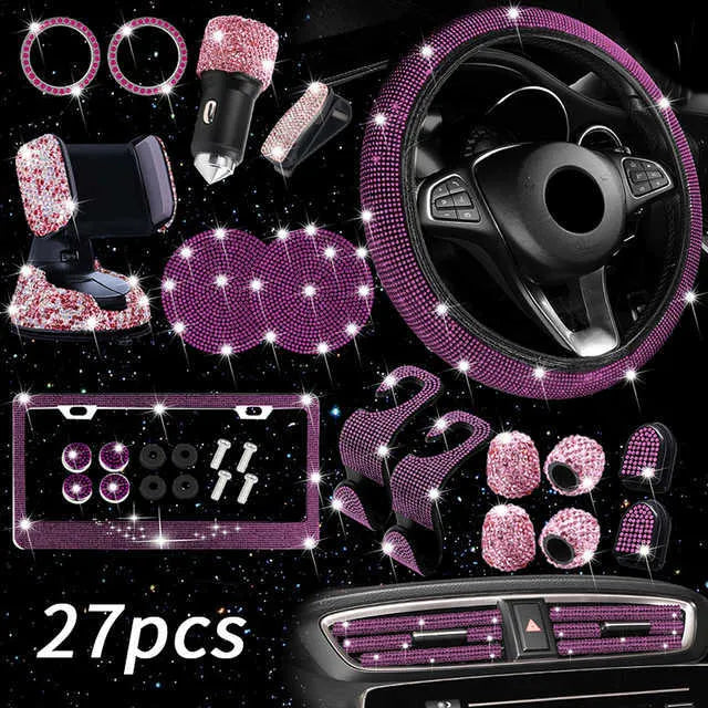 New New 27Pcs Bling Car Accessories Set for Women Steering Wheel Cover Lice