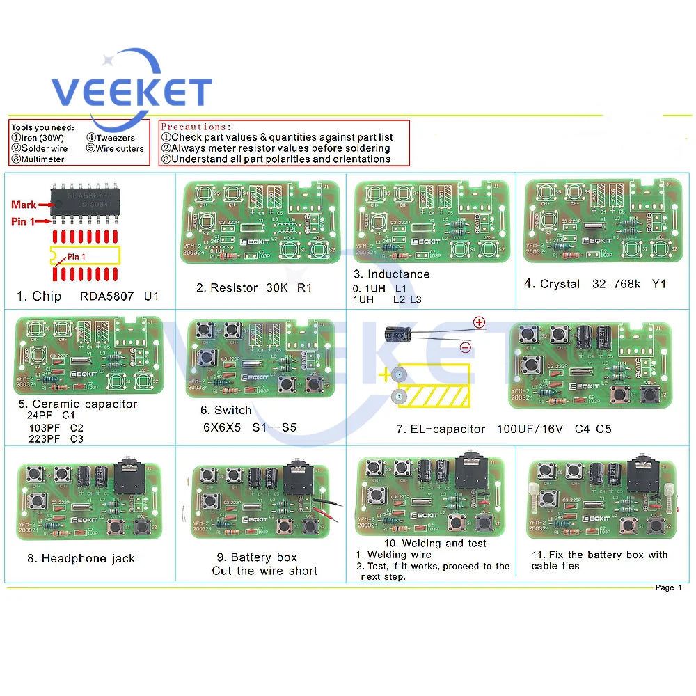 2.7--3.3V Radio Practice Kit FM Stereo Radio Kit DIY Electronic Components Low Power Consumption 76-108Mhz For Practice Solder