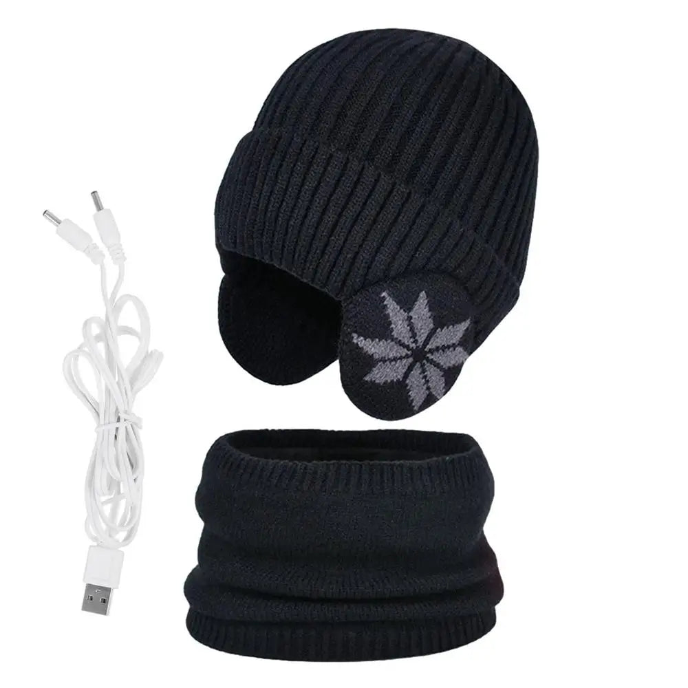 PC 2 in 1 Winter Knitted Cap Neck Warmer USB Heated Beanie Hat Scarf Outdoo