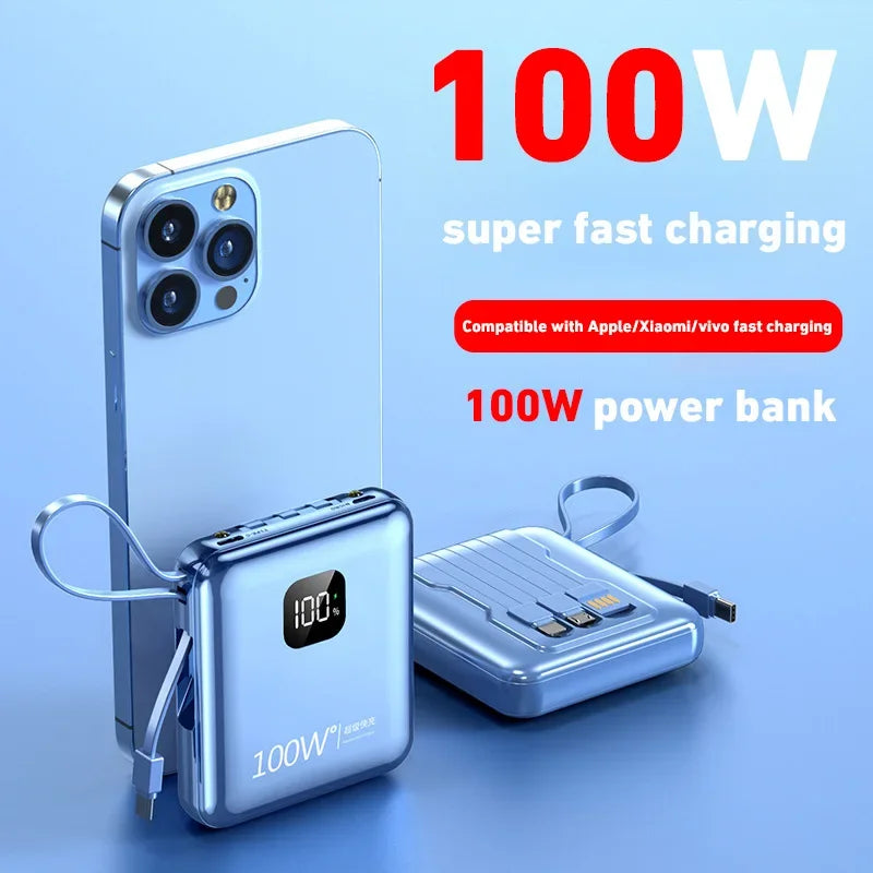 PC 200000mAh Large-capacity Power Bank 100W Super Fast Charge Built-in Cable Portable External Battery For Iphone Samsung Xiaomi