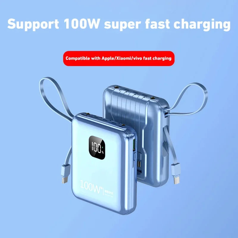 PC 200000mAh Large-capacity Power Bank 100W Super Fast Charge Built-in Cable Portable External Battery For Iphone Samsung Xiaomi