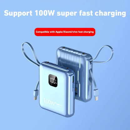 PC 200000mAh Large-capacity Power Bank 100W Super Fast Charge Built-in Cable Portable External Battery For Iphone Samsung Xiaomi