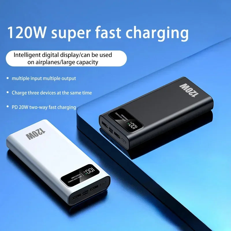 PC 200000mAh Power Bank 120W Super Fast Charging Battery High Capacity Digital Display Power Bank For Iphone  Samsung Xiaomi Huawei