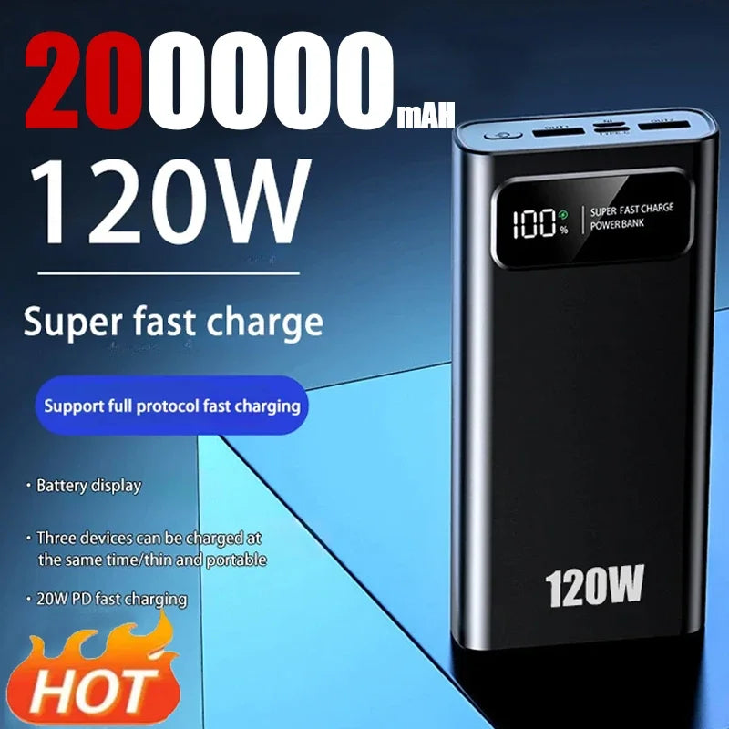 PC 200000mAh Power Bank 120W Super Fast Charging Battery High Capacity Digital Display Power Bank For Iphone  Samsung Xiaomi Huawei