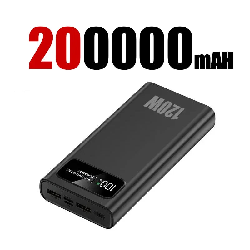 PC 200000mAh Power Bank 120W Super Fast Charging Battery High Capacity Digital Display Power Bank For Iphone  Samsung Xiaomi Huawei