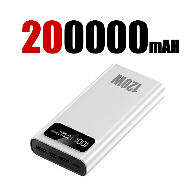 PC 200000mAh Power Bank 120W Super Fast Charging Battery High Capacity Digital Display Power Bank For Iphone  Samsung Xiaomi Huawei