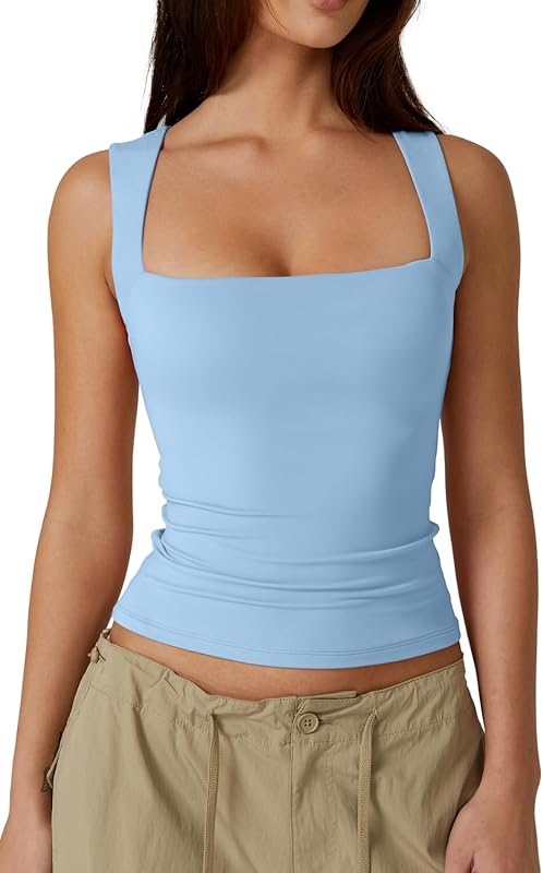 Women's Square Neck Sleeveless Double-Layer Tank Tops Basic Tight T Shirts