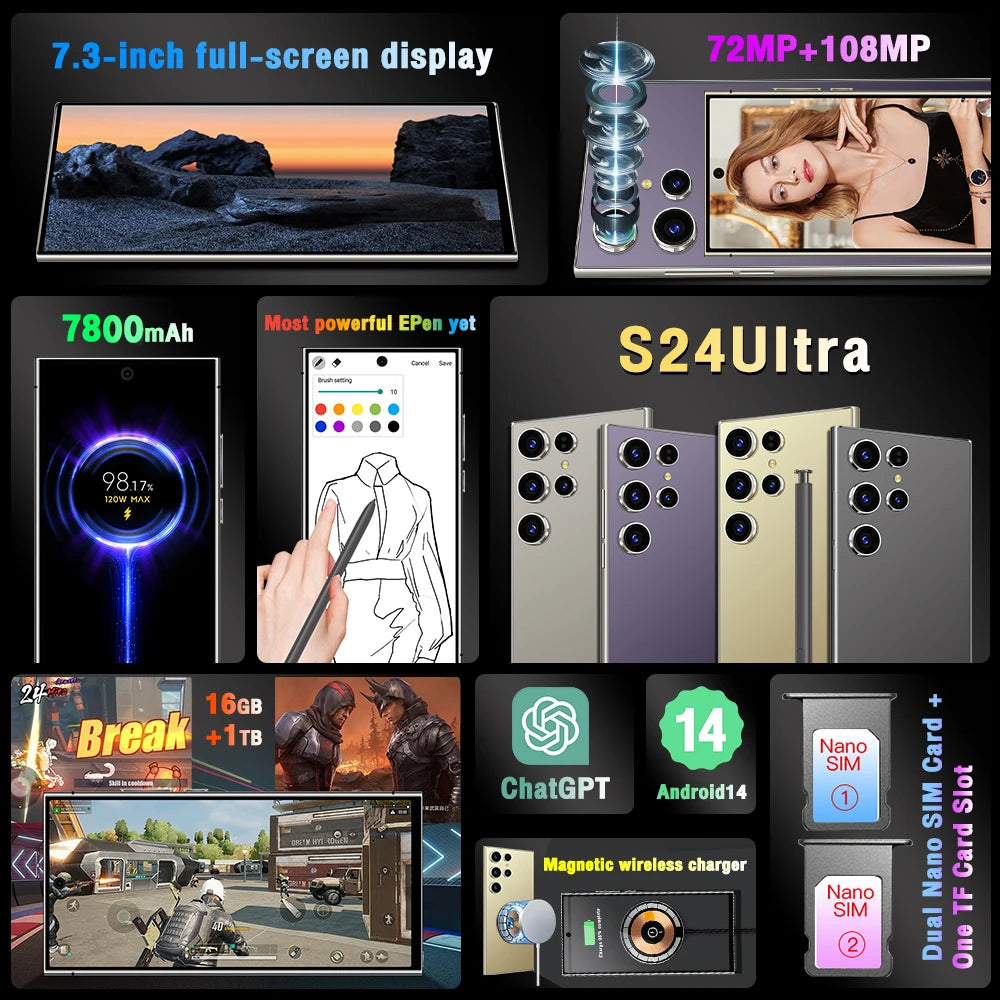 PC 2025New S24 Ultra 7.3HD Cellphones Global Version 4G 5G Original Smartphone Dual SIM Android 14 Cell Phone 7800mAh Mobile Phones