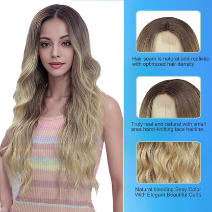 Blonde Wigs for Women 26Inch Long Ombre Blonde Hair Wig Natural Looking Synthetic Middle Part Wig(26 ''Ombre Blonde)