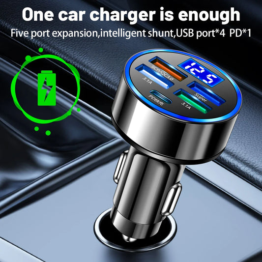 PC 250W LED Car Charger 5 Ports Fast Charge PD QC3.0 USB C Car Phone Charger Type C Adapter in Car For iphone Samsung Huawei Xiaomi