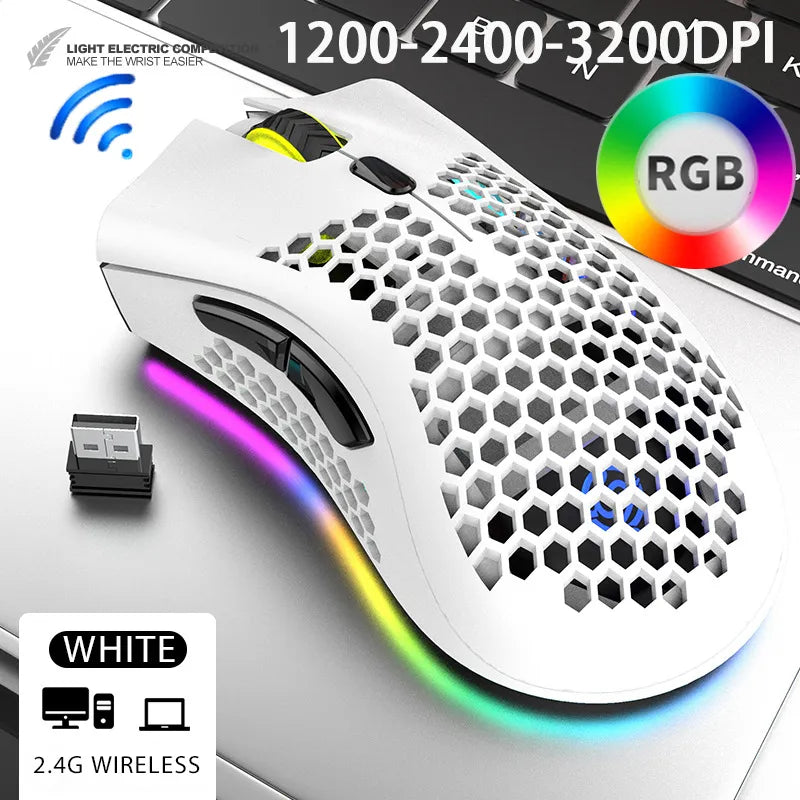 PCMice 2 4G Wireless Mouse RGB Light Honeycomb Gaming Rechargeable USB Desk