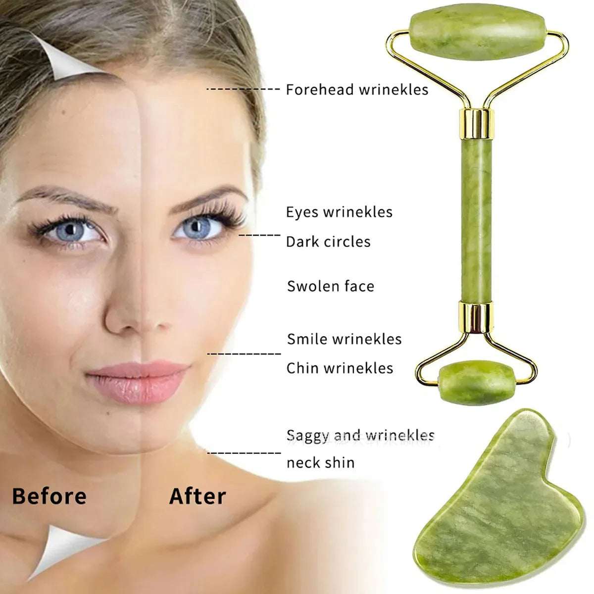 2PCS Gua Sha Natural Stone Gowoman Gua Sha Facial Stone Gua Sha Visage Roller  Face Massager Tool Gouache Scraper LBHL07