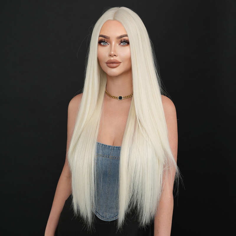 Halloween Dress Up Wig Bleach Blonde Long Straight Heat Resistant Hair Soft