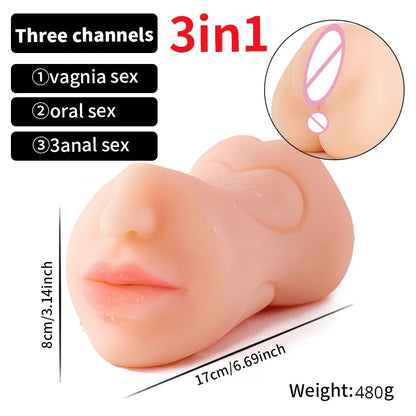 3 IN 1 Vaginal Anus Masturbation Cup Double Head Sex Real Deep Throat Male Masturbator Blowjob Sexy Toys  Men Adult Products