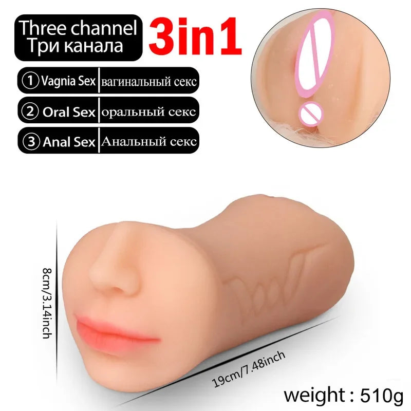 3 IN 1 Vaginal Anus Masturbation Cup Double Head Sex Real Deep Throat Male Masturbator Blowjob Sexy Toys  Men Adult Products