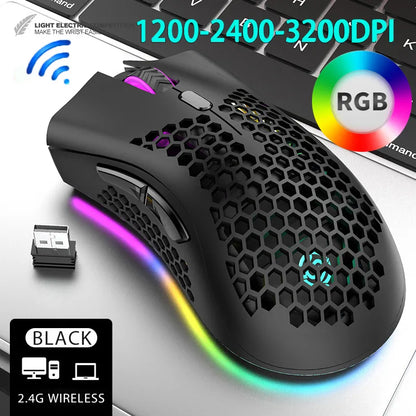 PCMice 2 4G Wireless Mouse RGB Light Honeycomb Gaming Rechargeable USB Desk