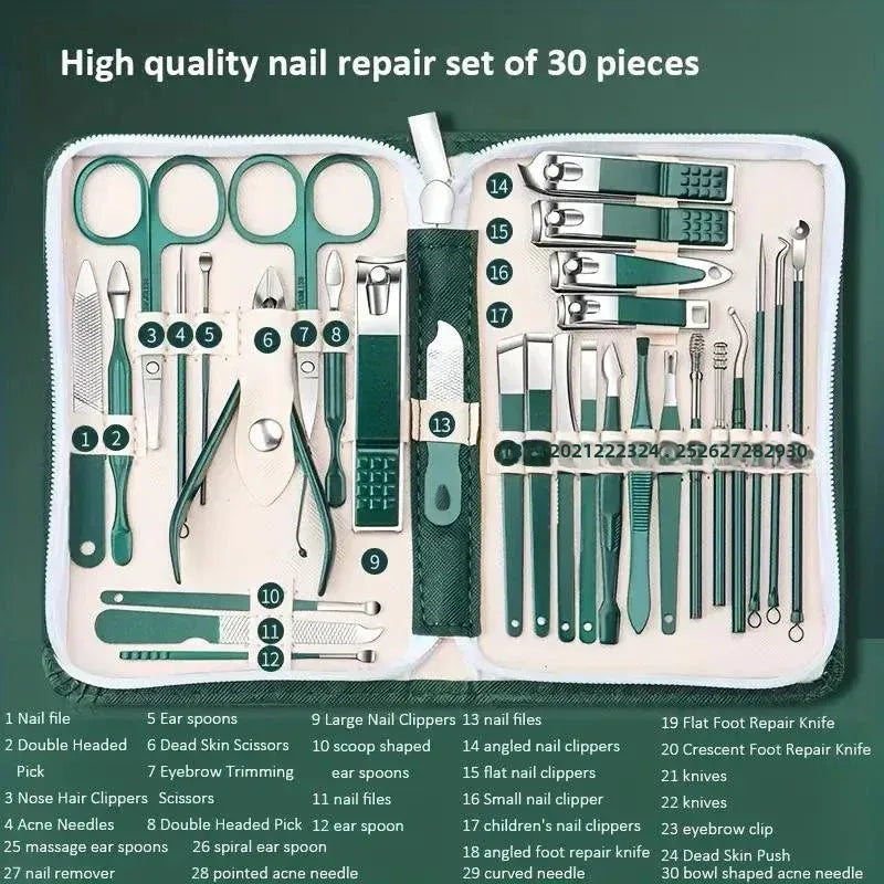 30pcs Professional Stainless Steel Nail Clipper Set Green Nail Tools Manicure  Pedicure Set of 30pcs Travel Grooming Kit