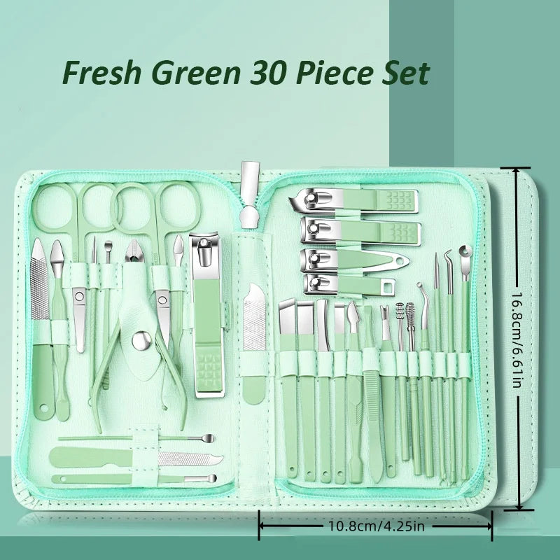 30pcs Professional Stainless Steel Nail Clipper Set Green Nail Tools Manicure  Pedicure Set of 30pcs Travel Grooming Kit