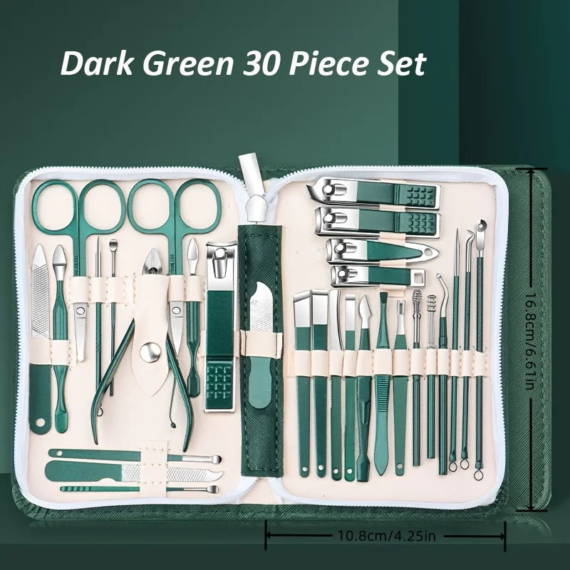 30pcs Professional Stainless Steel Nail Clipper Set Green Nail Tools Manicure  Pedicure Set of 30pcs Travel Grooming Kit