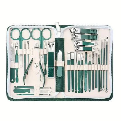 30pcs Professional Stainless Steel Nail Clipper Set Green Nail Tools Manicure  Pedicure Set of 30pcs Travel Grooming Kit