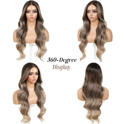 Pre Cut Lace Glueless Wig Wear and Go Synthetic Lace Front Body Wave Ombre Brown Wig with Bangs Pre Plucked Glueless Ready to Wear Wigs for Women Middle Part 26 Inch