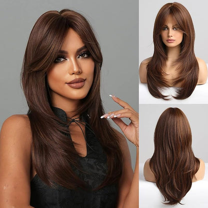 Brown Wigs for Women Highlight Wigs with Bangs Long Straight Layered Heat Resistant Synthetic Wigs