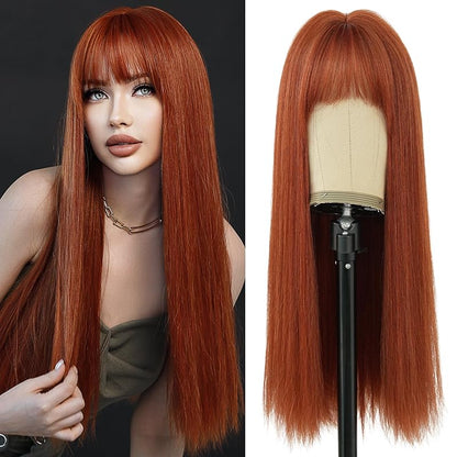 7JHH WIGS Hair Dye Wig for Women Synthetic Hair Natural Long Straight Wig With Bangs (22inch, Black tea)