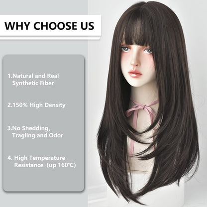 7JHH WIGS Hair Dye Wig for Women Synthetic Hair Natural Long Straight Wig With Bangs (22inch, Black tea)