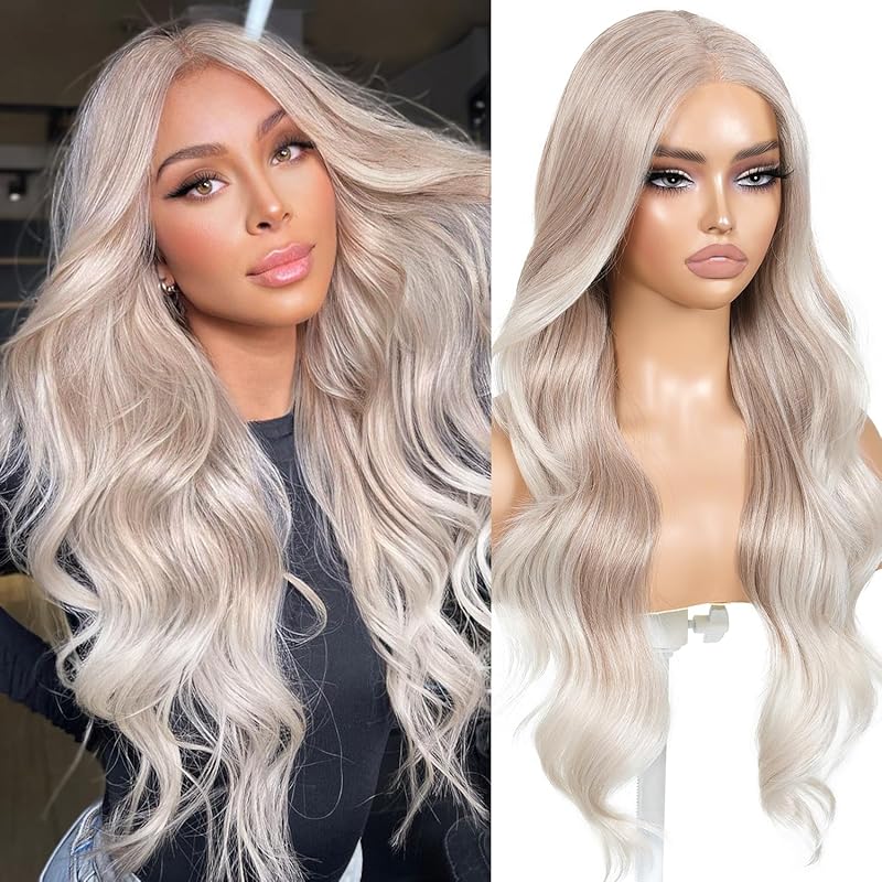 Pre Cut Lace Glueless Wig Wear and Go Synthetic Lace Front Body Wave Ombre Brown Wig with Bangs Pre Plucked Glueless Ready to Wear Wigs for Women Middle Part 26 Inch