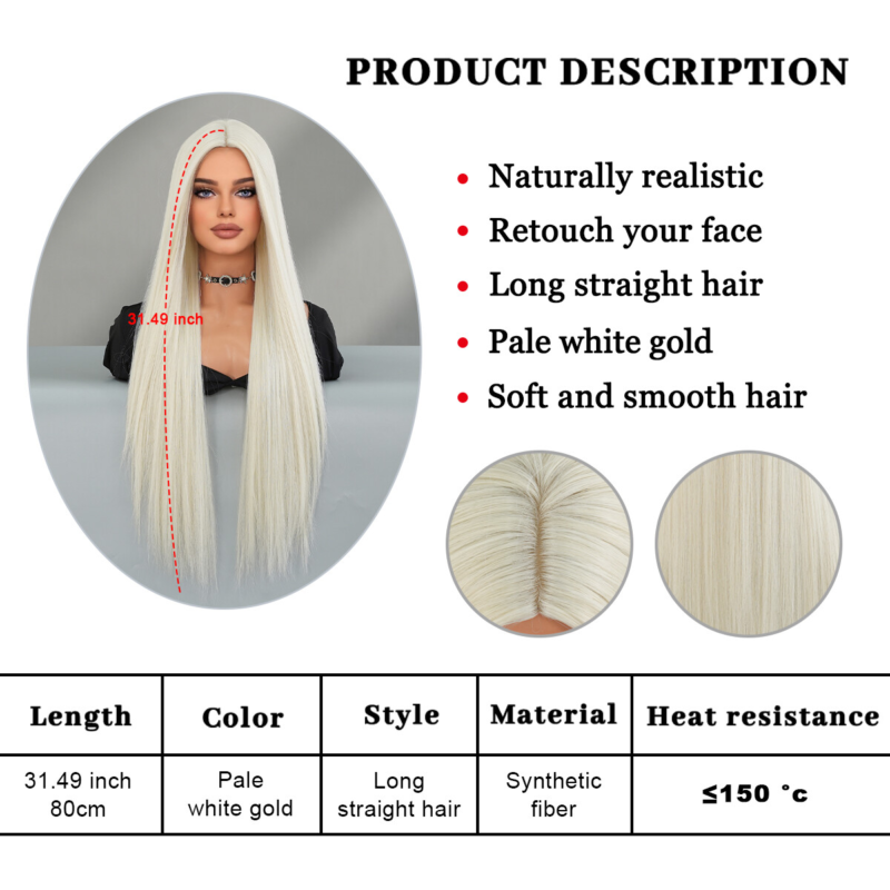 Halloween Dress Up Wig Bleach Blonde Long Straight Heat Resistant Hair Soft