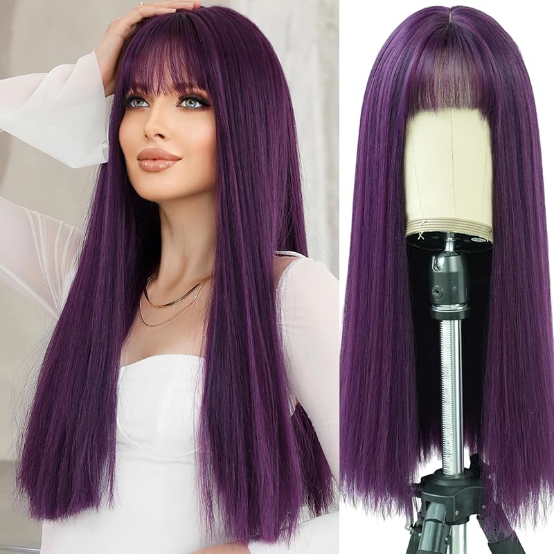 7JHH WIGS Hair Dye Wig for Women Synthetic Hair Natural Long Straight Wig With Bangs (22inch, Black tea)