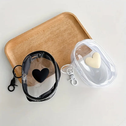 PC 3D Love Heart Round Black Transparent Cosmetic Bags Jewelry Organizer Portable Data Cable Earphone Coin Charger Storage Pouches