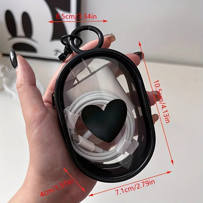 PC 3D Love Heart Round Black Transparent Cosmetic Bags Jewelry Organizer Portable Data Cable Earphone Coin Charger Storage Pouches