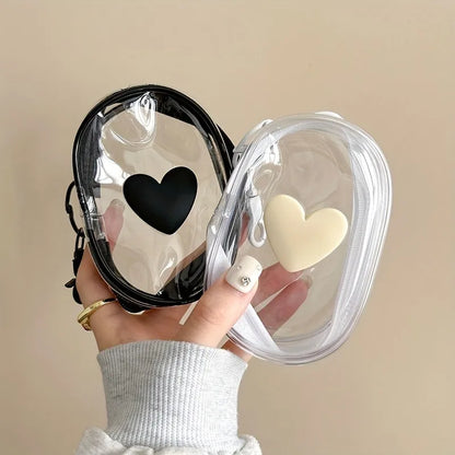 PC 3D Love Heart Round Black Transparent Cosmetic Bags Jewelry Organizer Portable Data Cable Earphone Coin Charger Storage Pouches