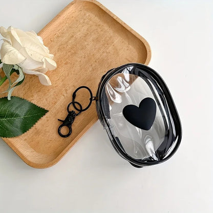 PC 3D Love Heart Round Black Transparent Cosmetic Bags Jewelry Organizer Portable Data Cable Earphone Coin Charger Storage Pouches