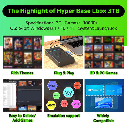 3T Gaming HDD Launchbox OS Retro Game Console  XBOX/PS4/Switch/PS3/PS2/PS1/WiiU/Wii/DC with 10107 Games  Windows PC/Laptop