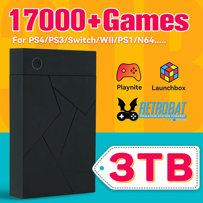 3TB Gaming Emulation Hard Drive With 17000 Retro/PC Games Launchbox Retrobat Playnite Gaming HDD For PS4/PS3/Switch/WIIU/N64/PS1